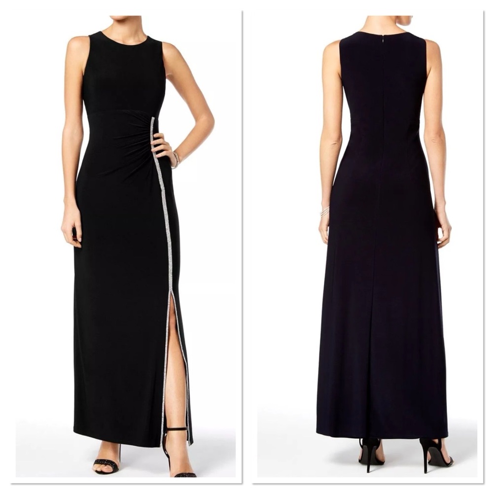MSK Women's Black Rhinestone Embellished Ruched Jersey Gown Dress Sz  16